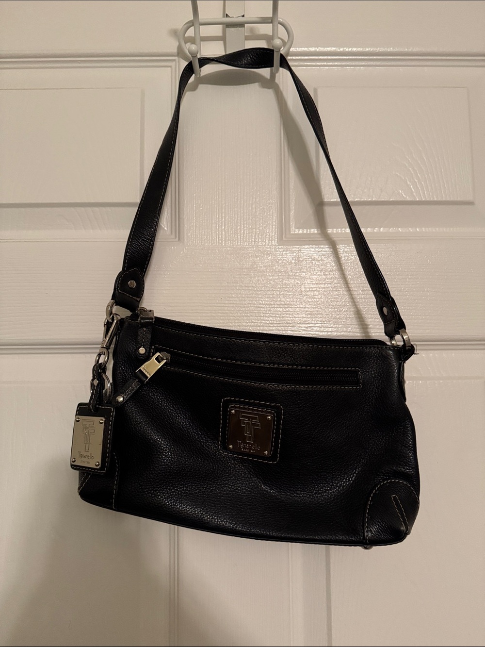 Black Leather Shoulder Bag with Logo Plaque